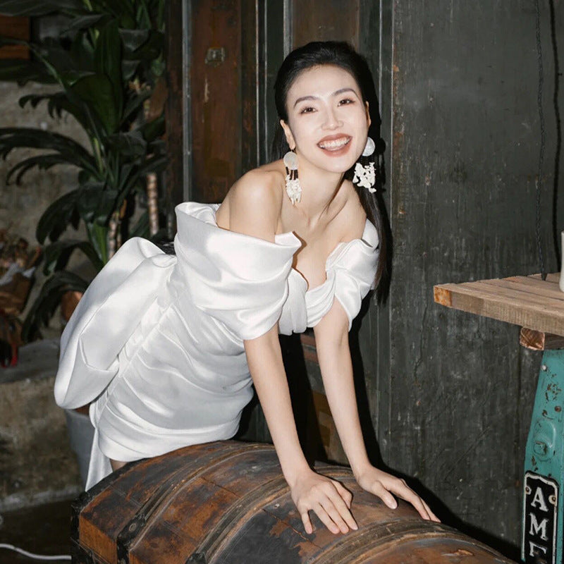 Short Model In White Color Engagement Dress