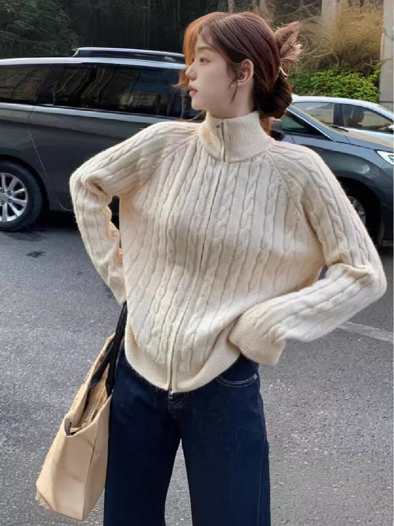 Zipper And Lapel Cable-knit Sweater Women's Autumn And Winter Solid Color Vintage Coat