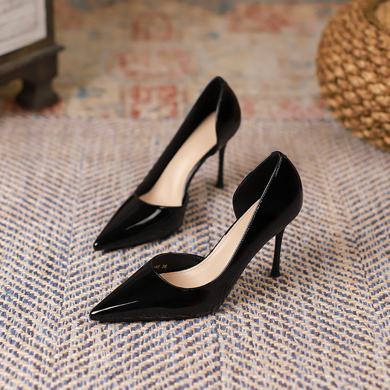 Korean Style Fairy Style Patent Leather High Heels Solid Color Pointed Toe