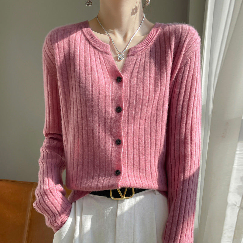Round Neck Slim-fit Short Striped Solid Color Knitted Cardigan Jacket