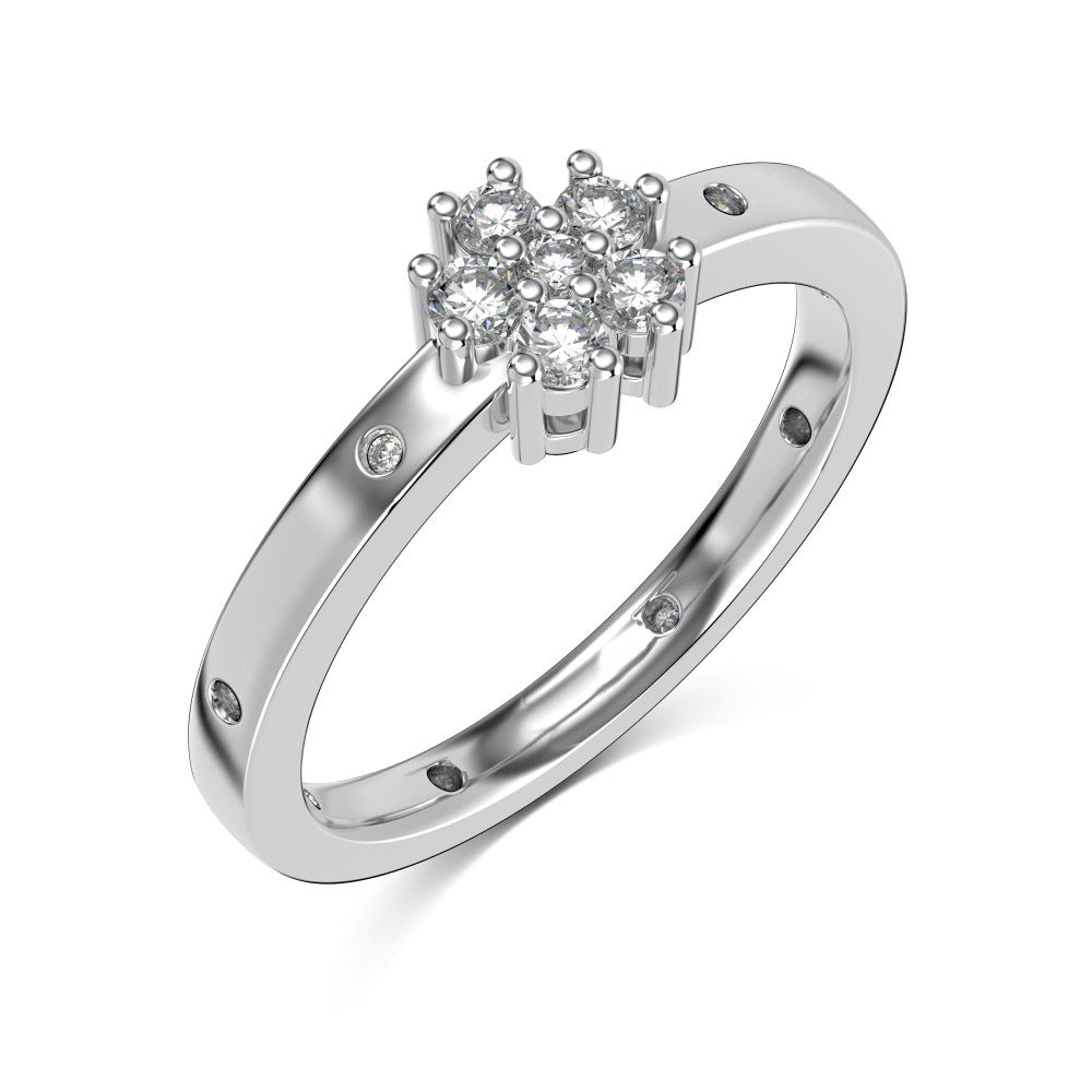 Silver S925 White Round Zirconium Inlaid Flower Design Exquisite Fashion Simple Niche Ring