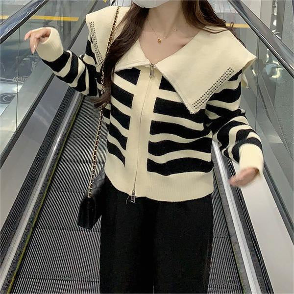 Sailor Collar Striped Sweater Coat Design Sense Niche Hot Drilling