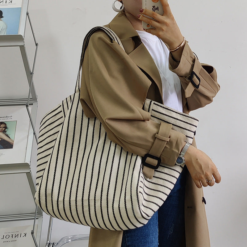 Canvas Bag For Women Ins Shoulder Large Capacity Idle Style Striped Fashion