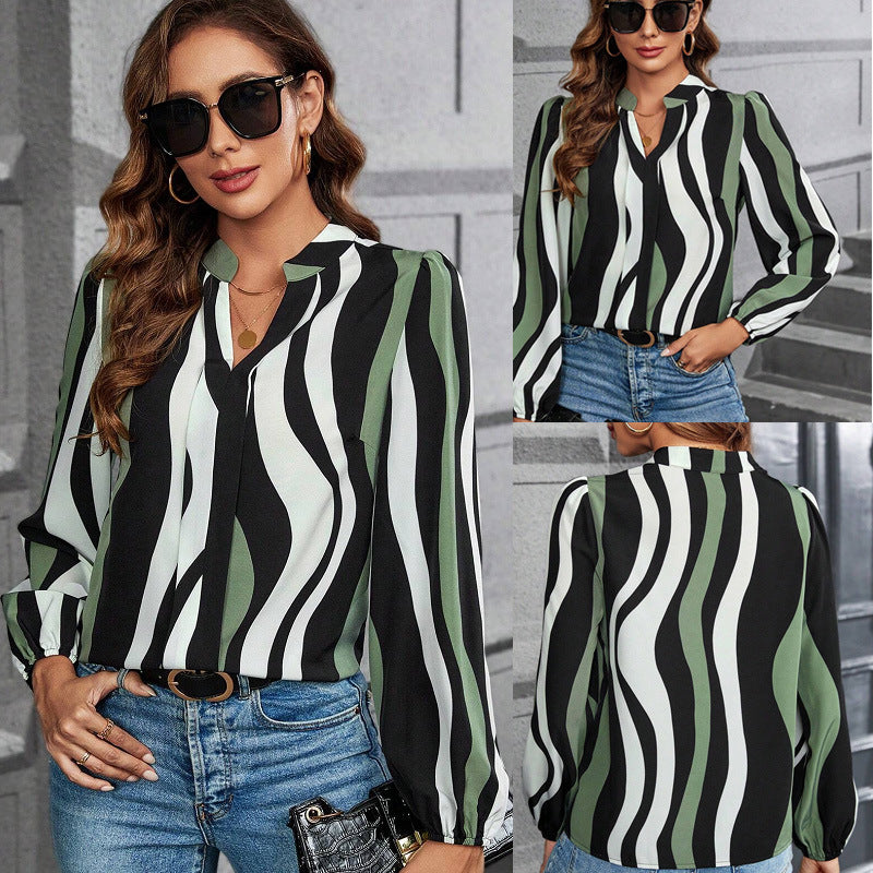 European And American V-neck Color-block Long-sleeved Casual Women's Top