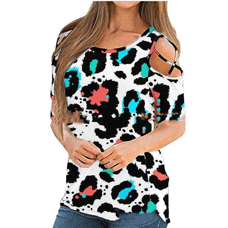 Women's Printed Round Neck Off Shoulder Short Sleeve T-shirt