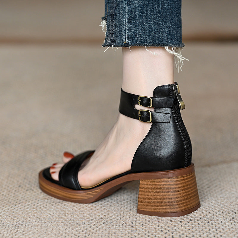 Chunky Heel Back Zip Platform French Style Mid Heel Wide Strap High Heel Shoes