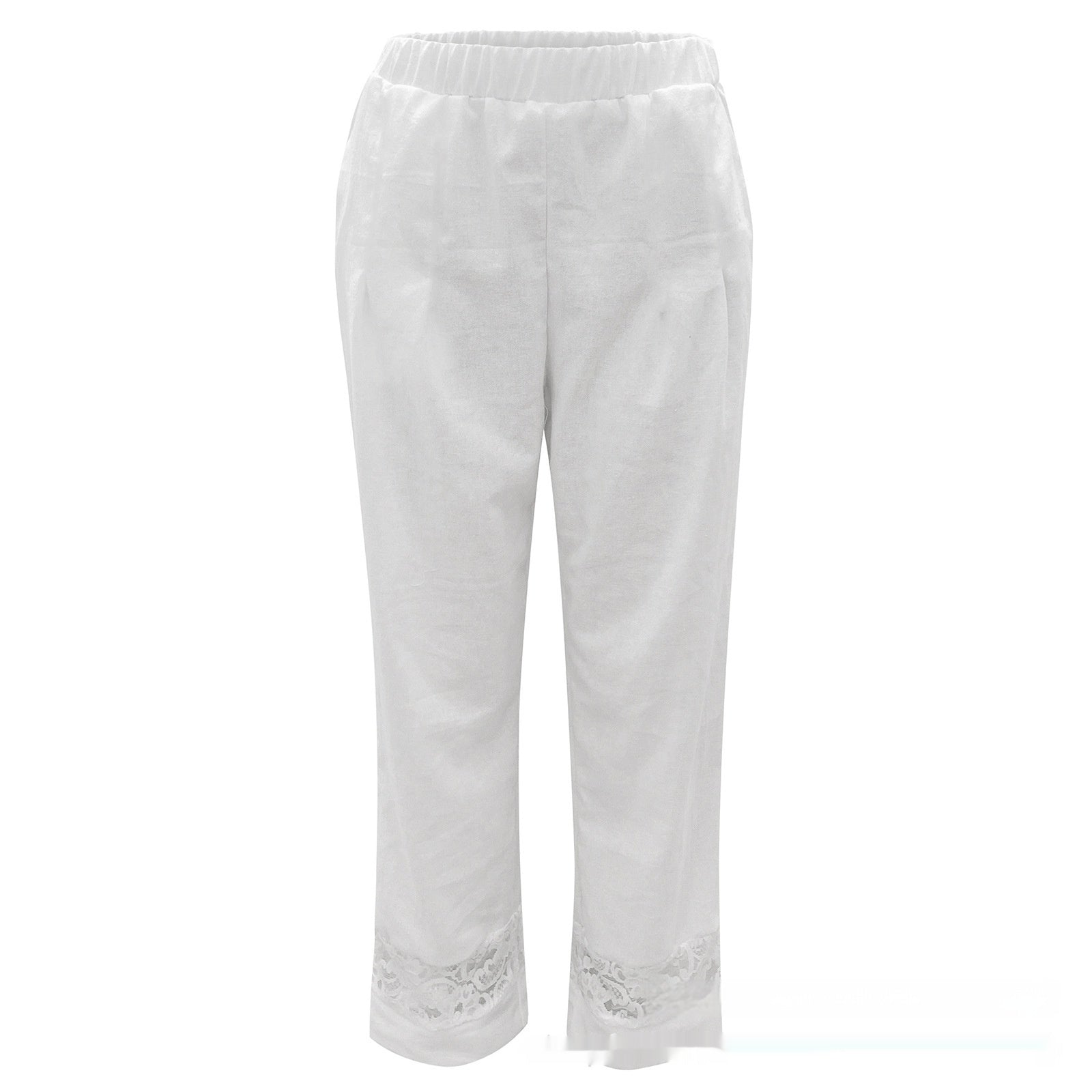 European And American Cotton And Linen Lace Stitching Button Elastic Waist Casual Pants