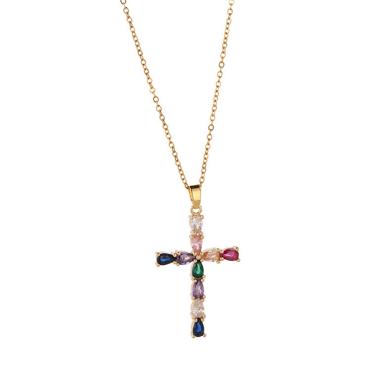 Plating Micro Inlaid Colorful Zircon Water Drop Cross Necklace