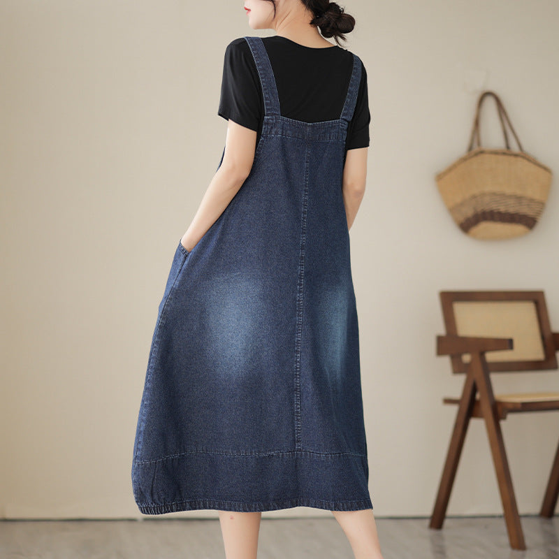 Spring And Summer New Style Slim Denim Strap Dress With Medium Length Loose Fit