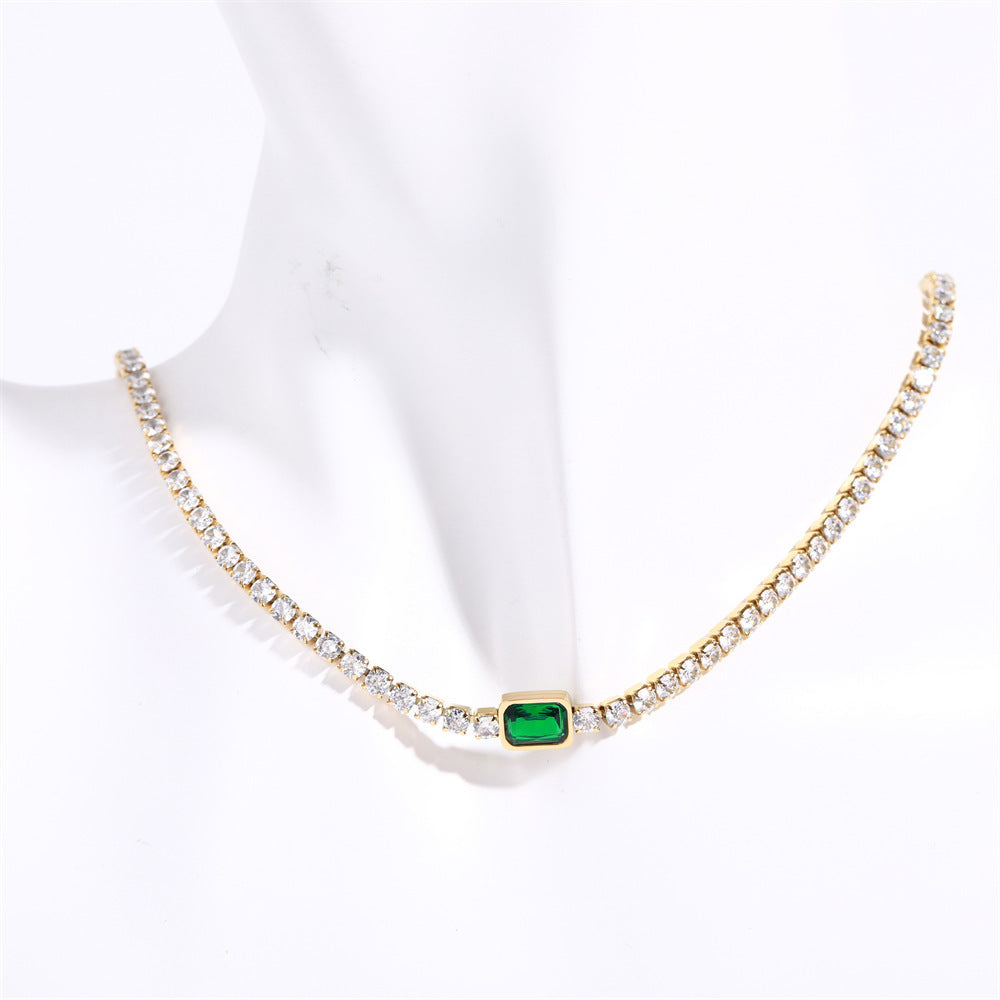 Titanium Steel European And American Tennis Zircon Necklace Emerald Choker