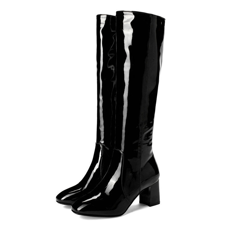 Plus Size Patent Leather High Heel Long Boots