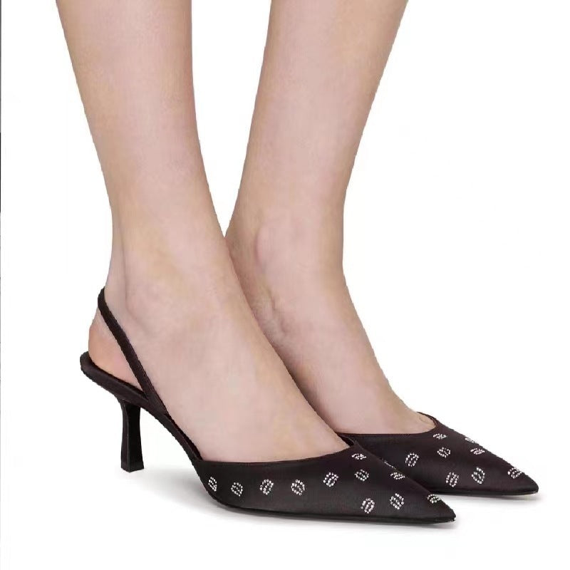 Rhinestone Letters Satin Slingback Pointed-toe Hollowed Stiletto Sexy High Heel Toe Box Sandals