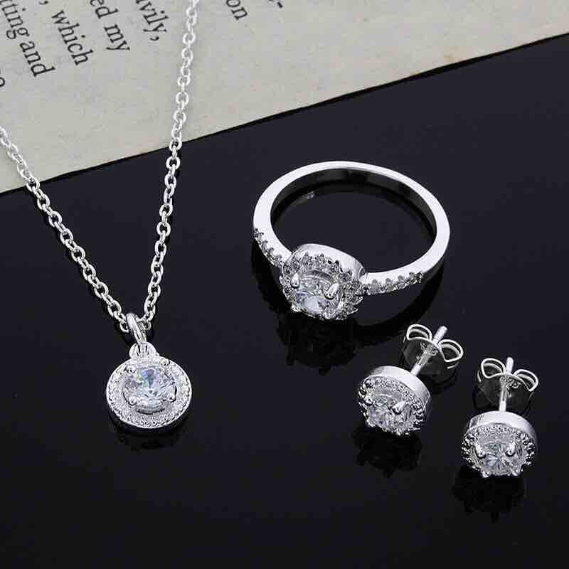 Zircon Silver Accessories Necklace Ring Earrings Suit