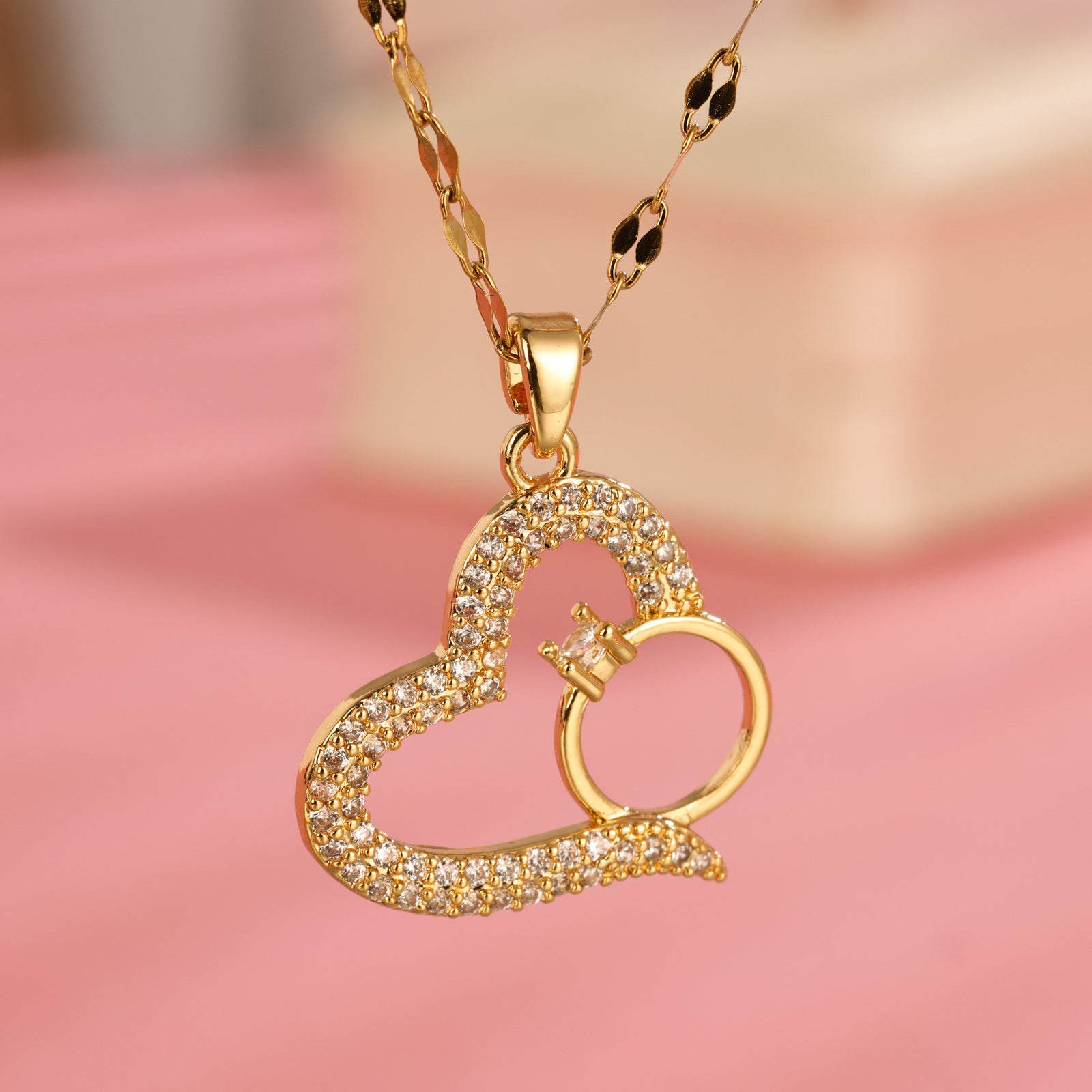 Japanese And Korean Full Diamond Heart-shaped Zircon Ring Pendant With Collarbone Chain, Minimalist And Niche Design Necklace