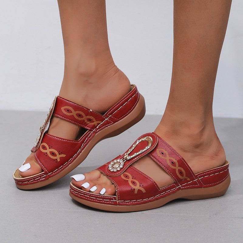 Summer Large Size Flat Bottom Wedge Hollow-out Rhinestone Embroidered Sandals