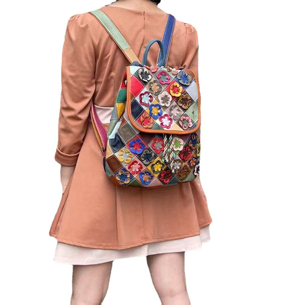 Women's Fashion Casual Rhombus Color Matching Leather Backpack
