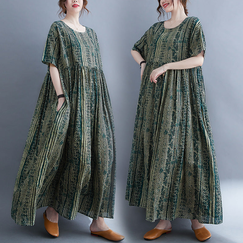 Loose Ladies Cotton Linen Printed Short Sleeve Dress