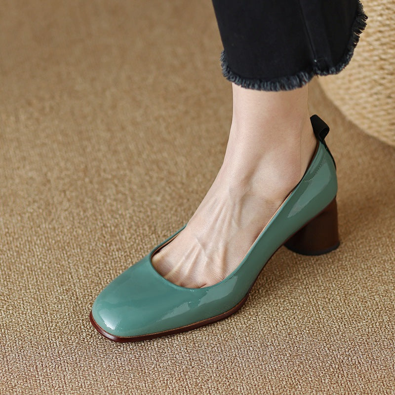 Women's Fashion Solid Color Round Head Pigskin Split Leather Chunky Heel Low-top Shoes