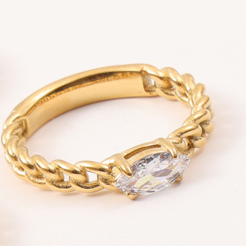 Chain Style Zircon Ring Titanium Steel Plated 18K Gold