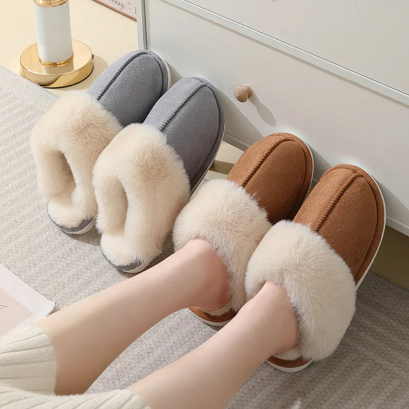 Winter Warm Plush Home Slippers Indoor Fur Slippers Women Soft Lined Cotton Shoes Comfy Non-Slip Bedroom Fuzzy House Shoes Women Couplea