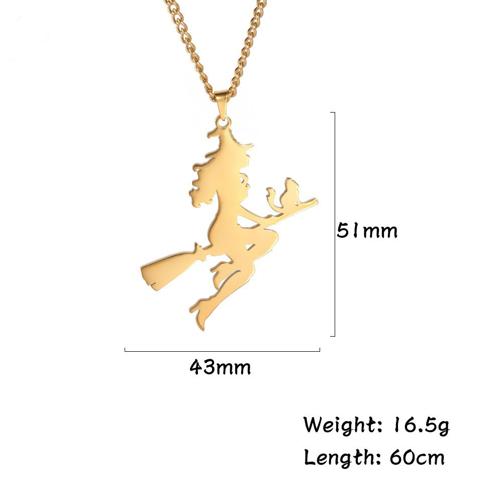 Exquisite Cat & Witch Necklace Cartoon Character Stainless Steel Pendant Necklace For Women Girl Trendy Jewelry