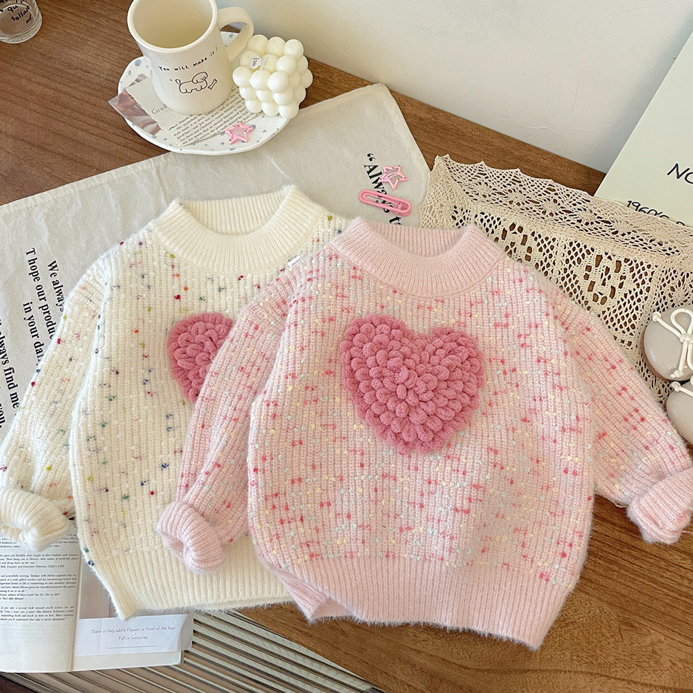 Three-dimensional Furry Heart-shaped Colorful Knitted Pullover Thick Sweater