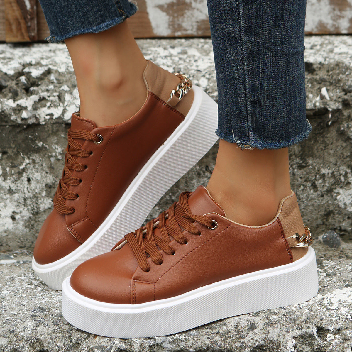 Round Head Cross Strap Thick Bottom Casual Low-top Sneakers Chain Pumps