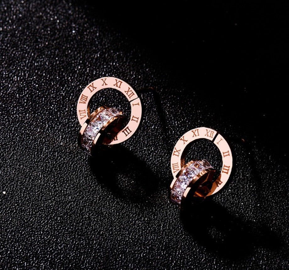 Stainless Steel Rose Gold Double Ring Stud Earrings