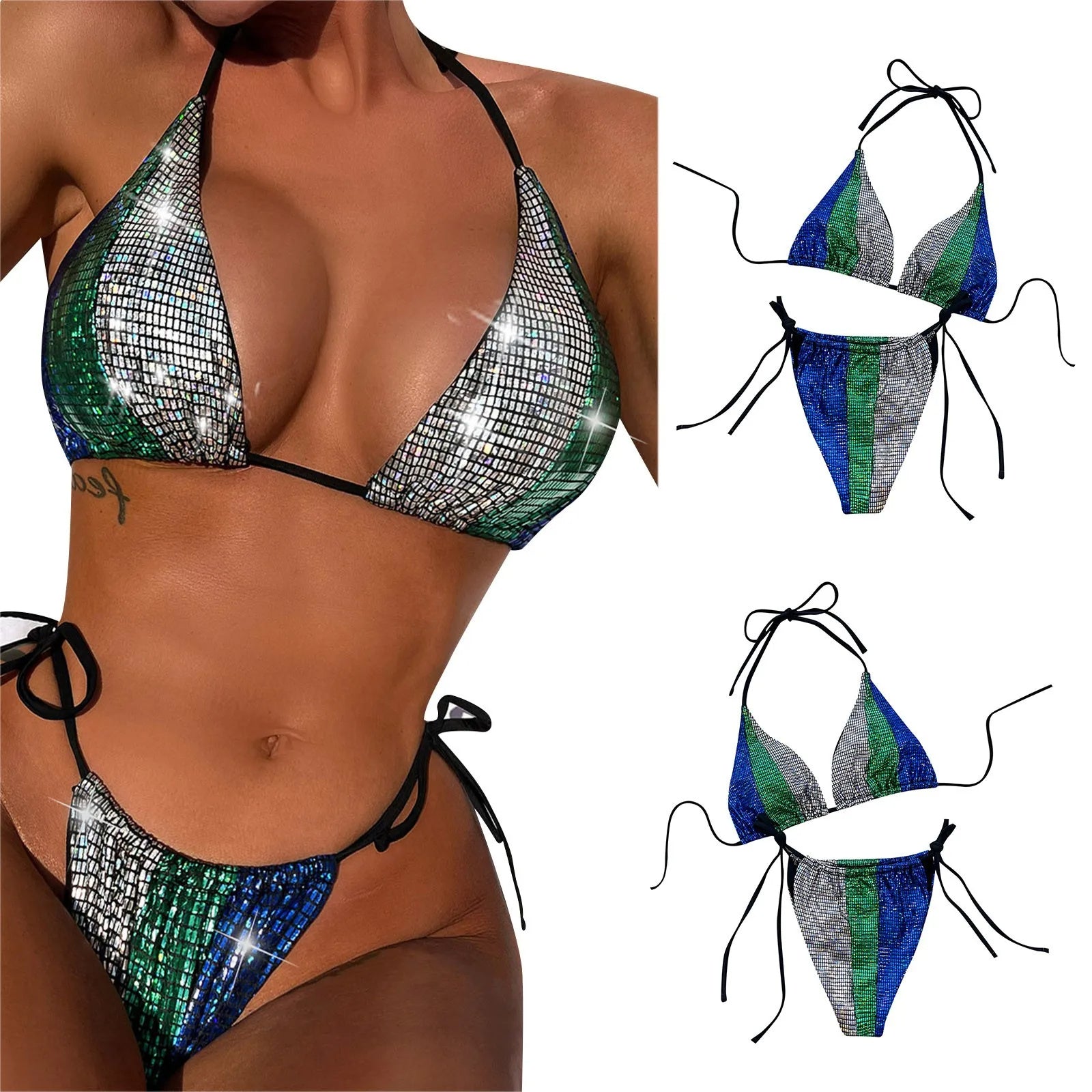 Solid Color Stitching Ruffle Hollow Bikini