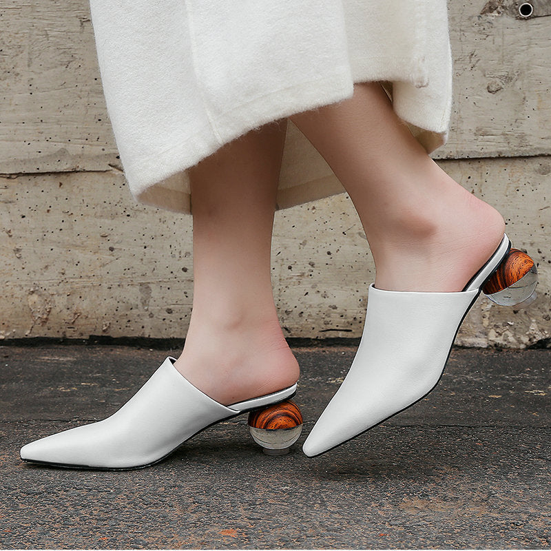 Simple Closed Toe Sandals Pointed-toe Mules Shoes Crystal Thick Heel
