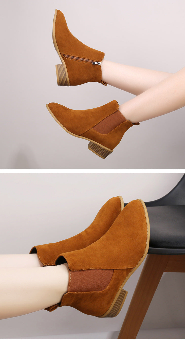 British Solid Color Suede Pointed Square Heel Martin Boots