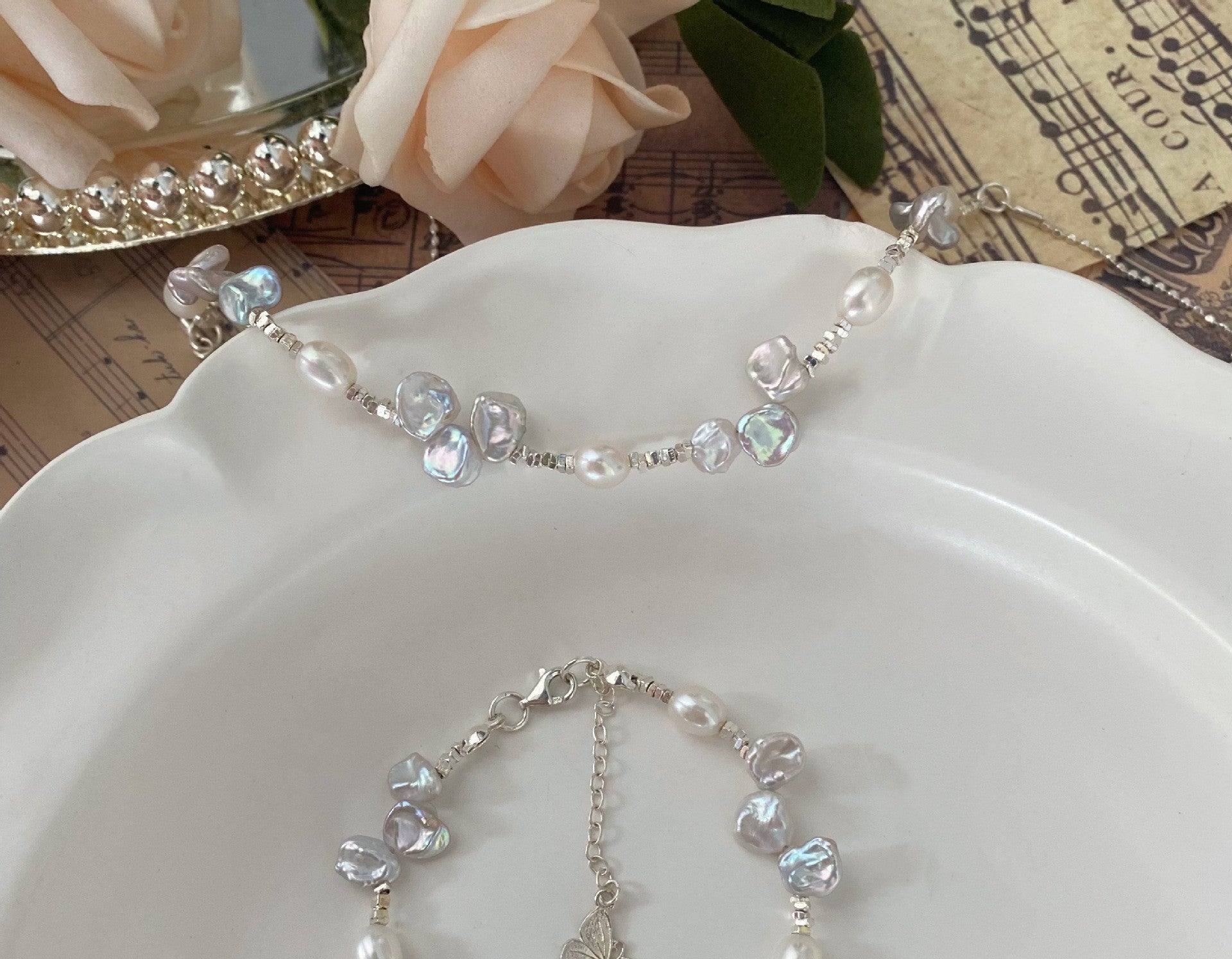 Women's Pearl Bracelet Butterfly Necklace