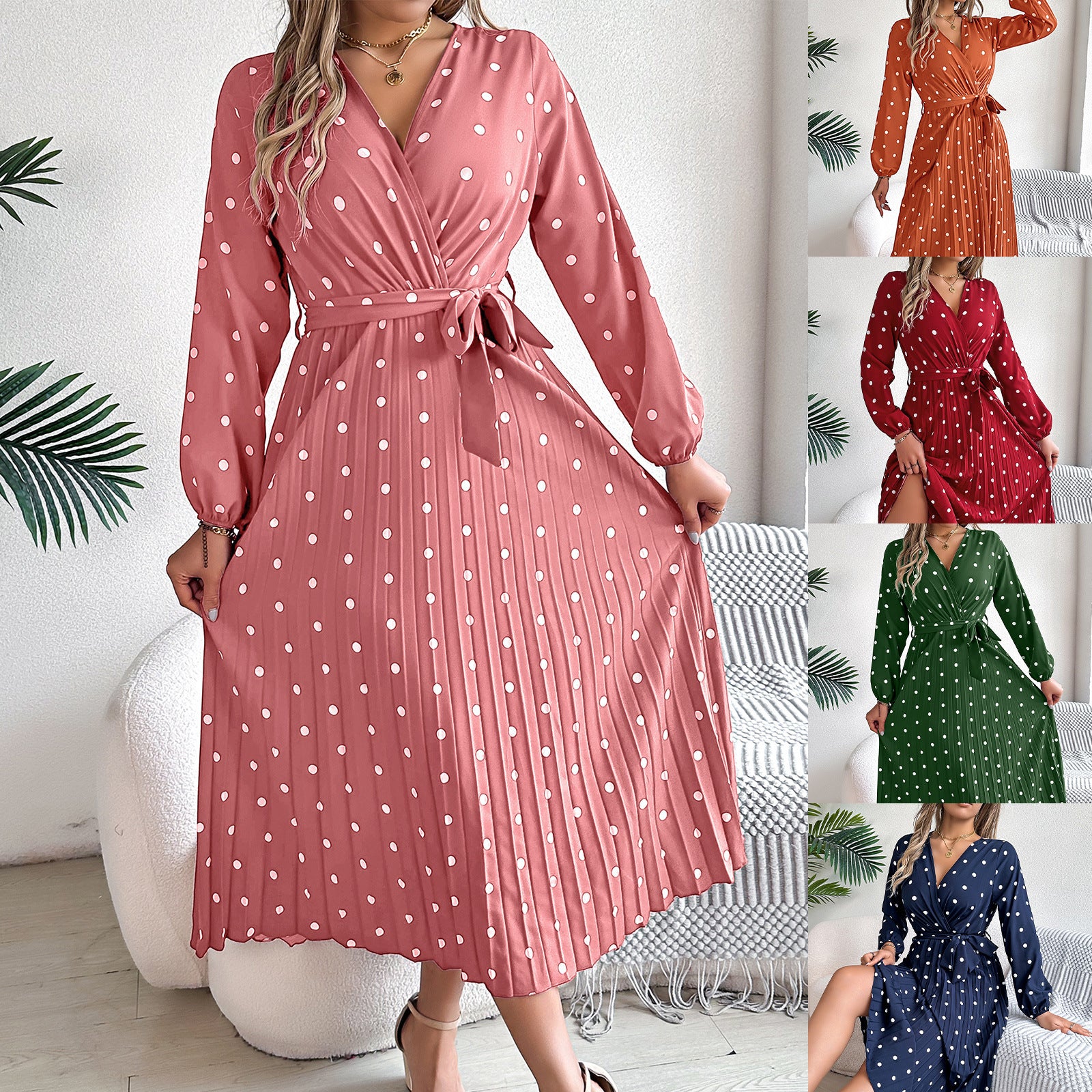 Elegant Contrast Color Polka Dot Cross V-neck Pleated Maxi Dress For Women