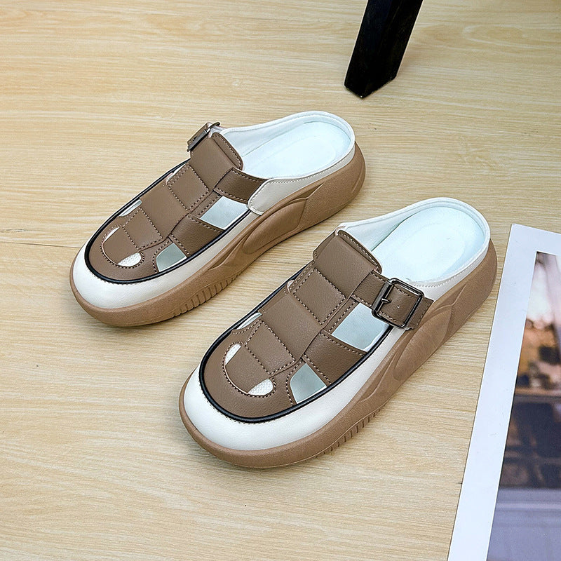 Thick-soled Closed-toe Slippers Summer Outdoor Garden Hollow Buckle Slide Sandals Casual Beach Shoes