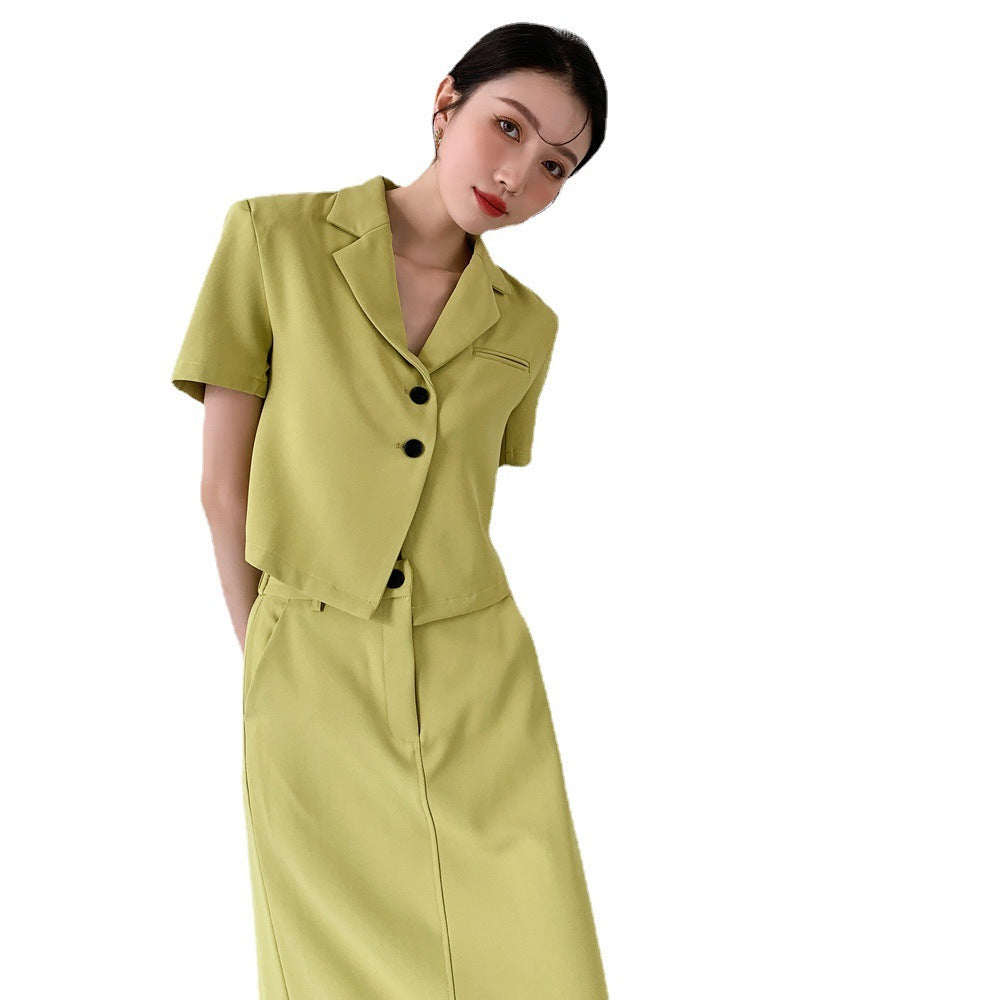 Fashion Western-style Suit Female Summer New Korean Version Of The Yellow Short-sleeved Small Suit High-waisted Half-length Skirt