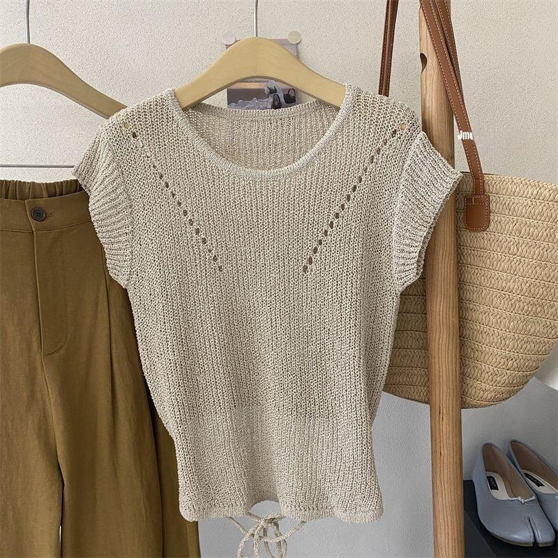 Hollow Sweater Round Collar Design Waist Lace-up Midriff Outfit Ice Silk Top