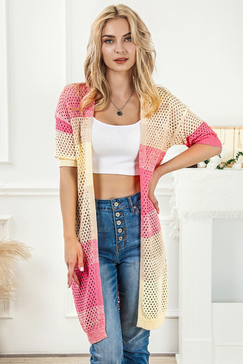 Matching Half Sleeve Sun Protection Loose Casual Style Thread Knitted Beach Cover-up
