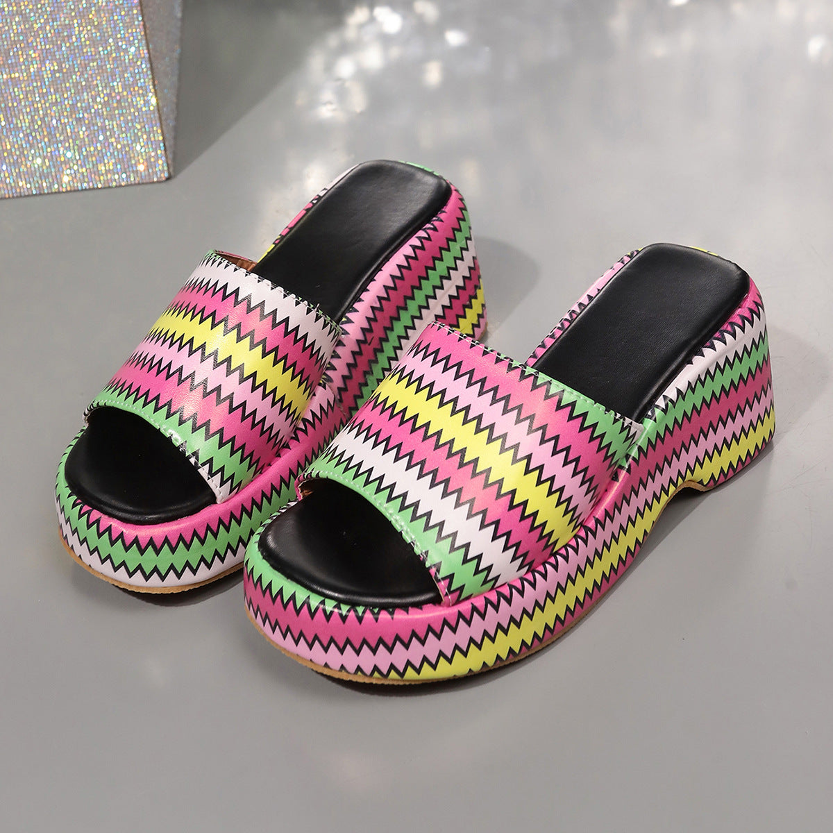 Fashion Colorful Wave Print Wedges Sandals Summer Outdoor High Heel Slippers Thick Bottom Shoes For Women