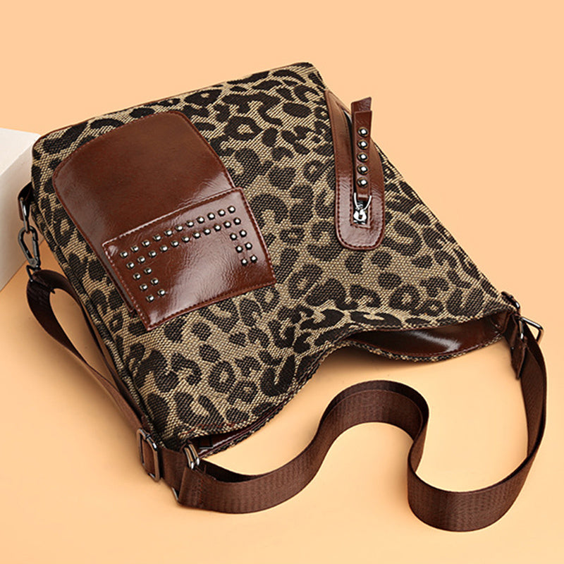 Houndstooth Backpack Women Fashion Rivet Design Leopard Shoulder Bags