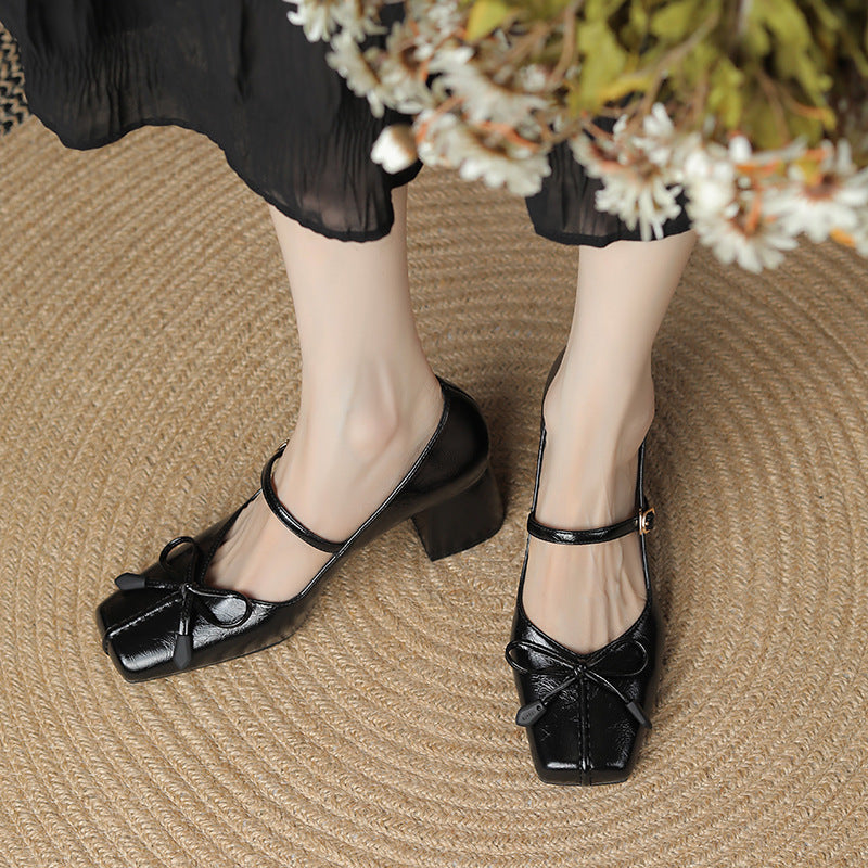 Bow Square Toe Mary Jane Shoes Women