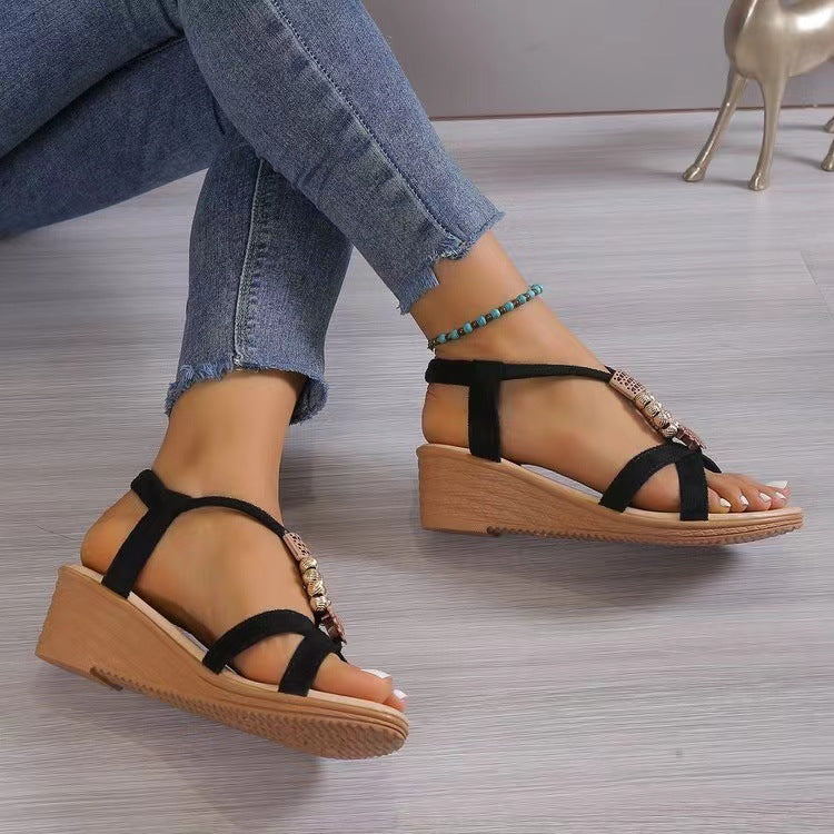 Handmade Beaded Non-slip Wedge Flat Open Toe Sandals