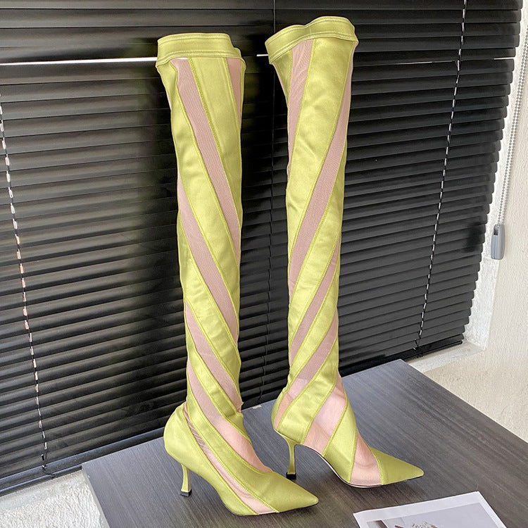 Pointed High Heel Elastic Thread Stitching Mesh Long Tube Over The Knee Boots