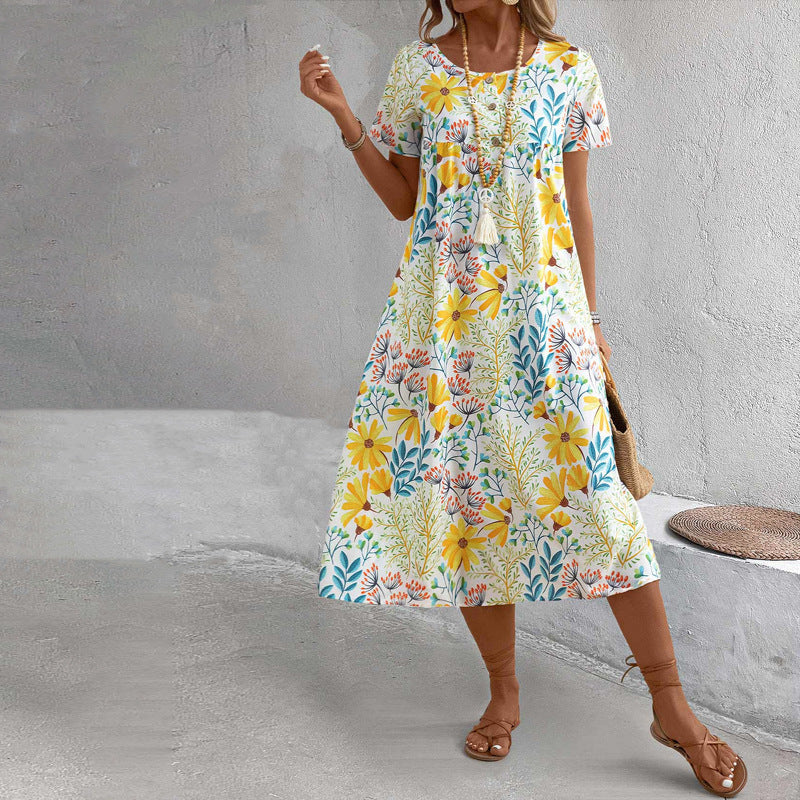 Women's Colorful Sweet Floral Round Neck Dress