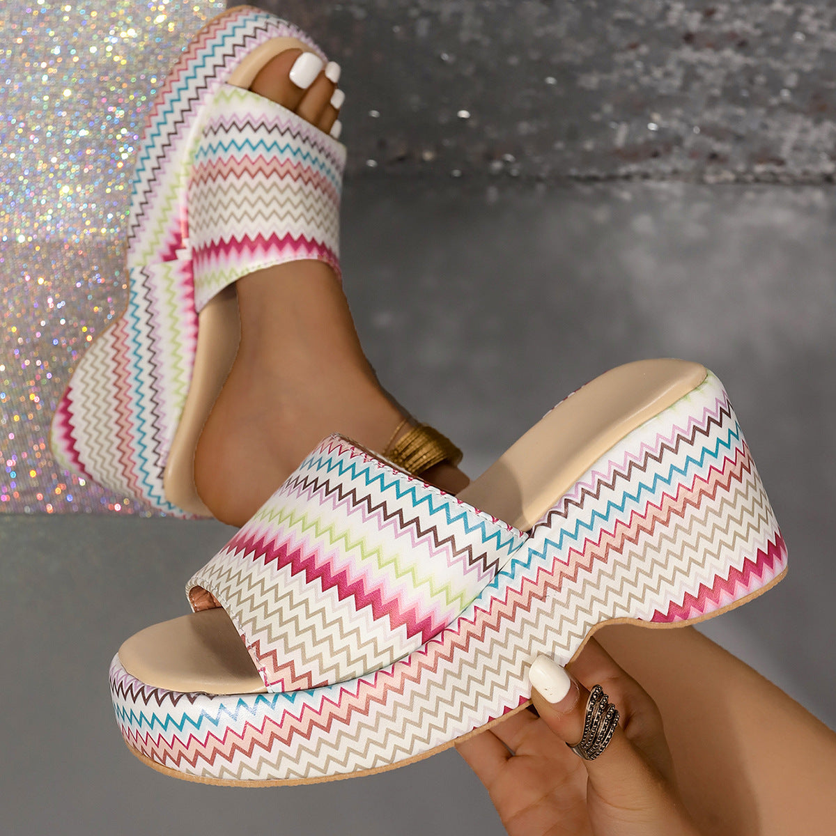 Fashion Colorful Wave Print Wedges Sandals Summer Outdoor High Heel Slippers Thick Bottom Shoes For Women