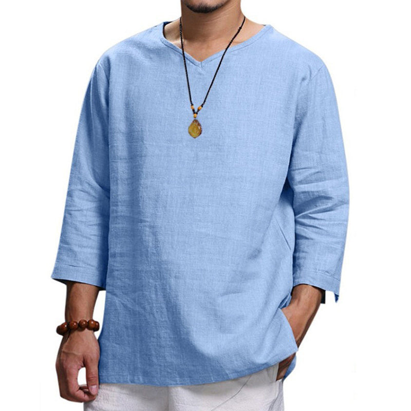 Loose Casual V-neck Top Cotton And Linen Long Sleeve Shirt Mens Clothing