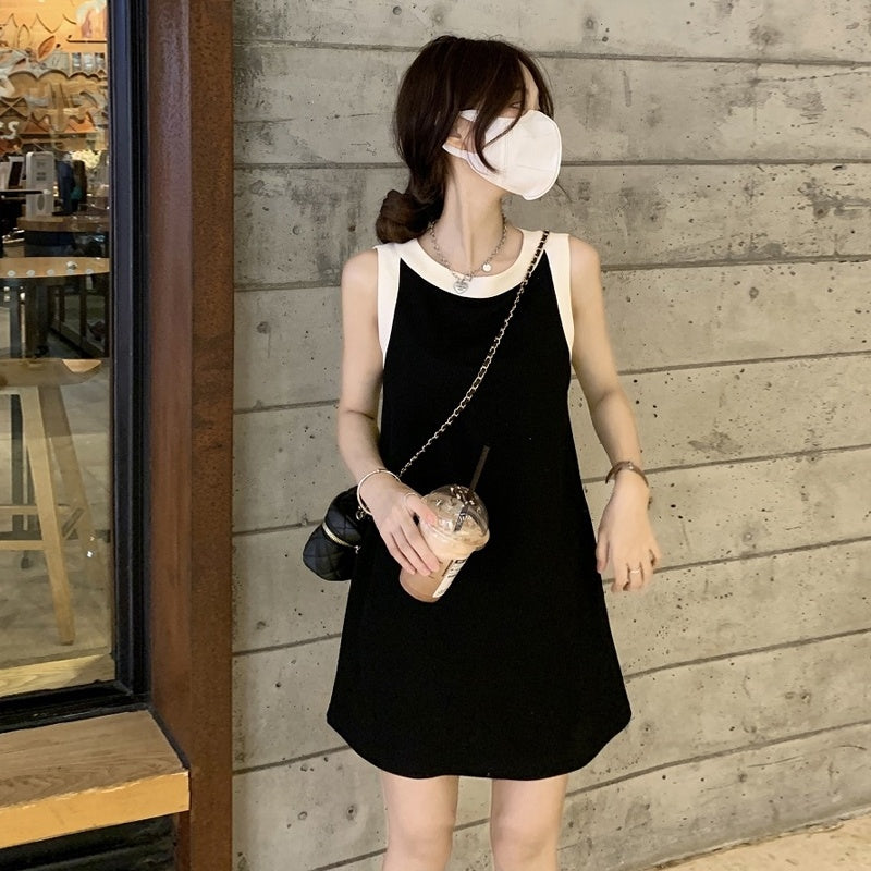 Loose Casual Color Contrast Round Neck Sleeveless Dress