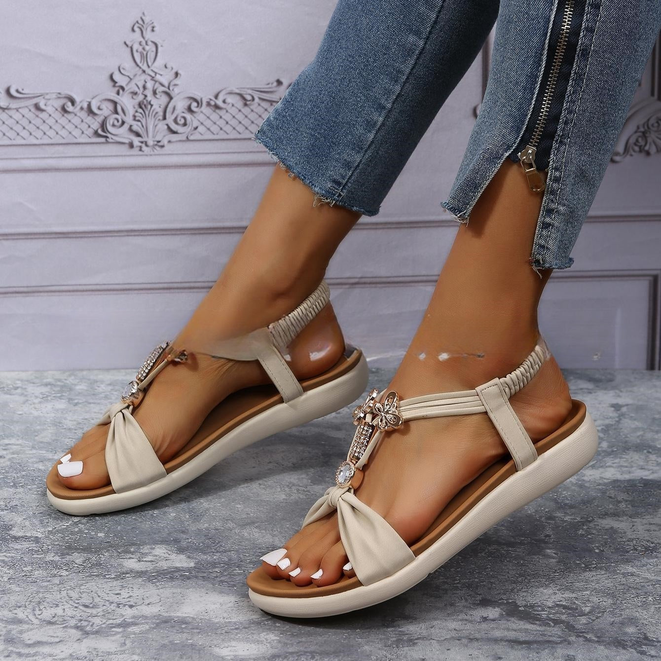 Spring And Summer Bohemian Platform Sandals Butterfly Beaded Weave Open Toe Soft Bottom