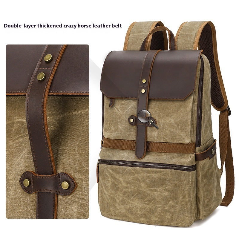 Waterproof Batik Canvas Backpack Crazy Horse Leather Men's Bag