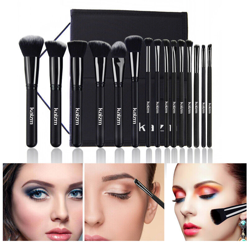 15Pcs Black Make Up Brushes Woman Set With Bag Foundation Eyeliner Eyeshadow