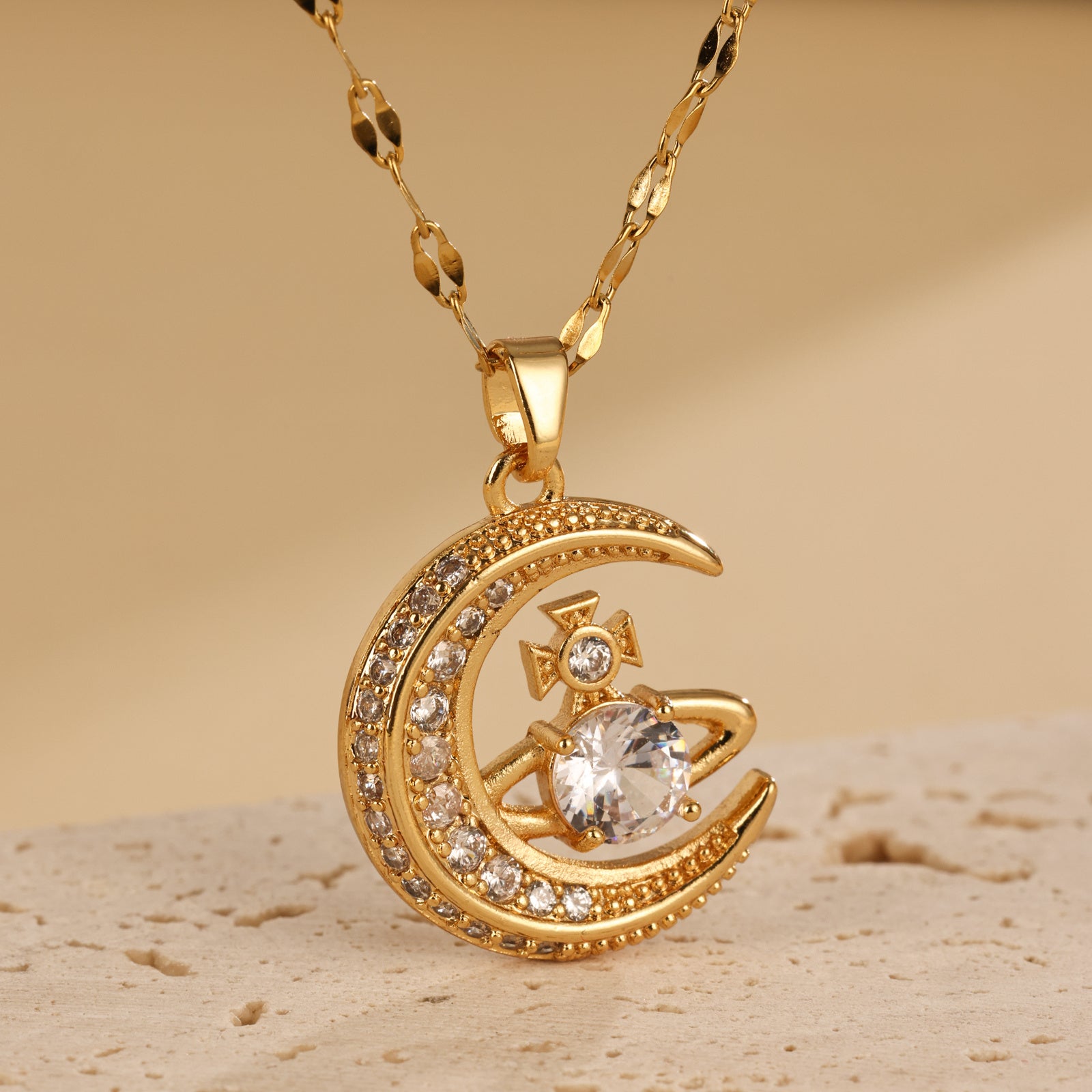 Korean Version Of Moon Planet Necklace For Women With High-end Design, Personalized And Versatile Zirconia Pendant Neck Chain